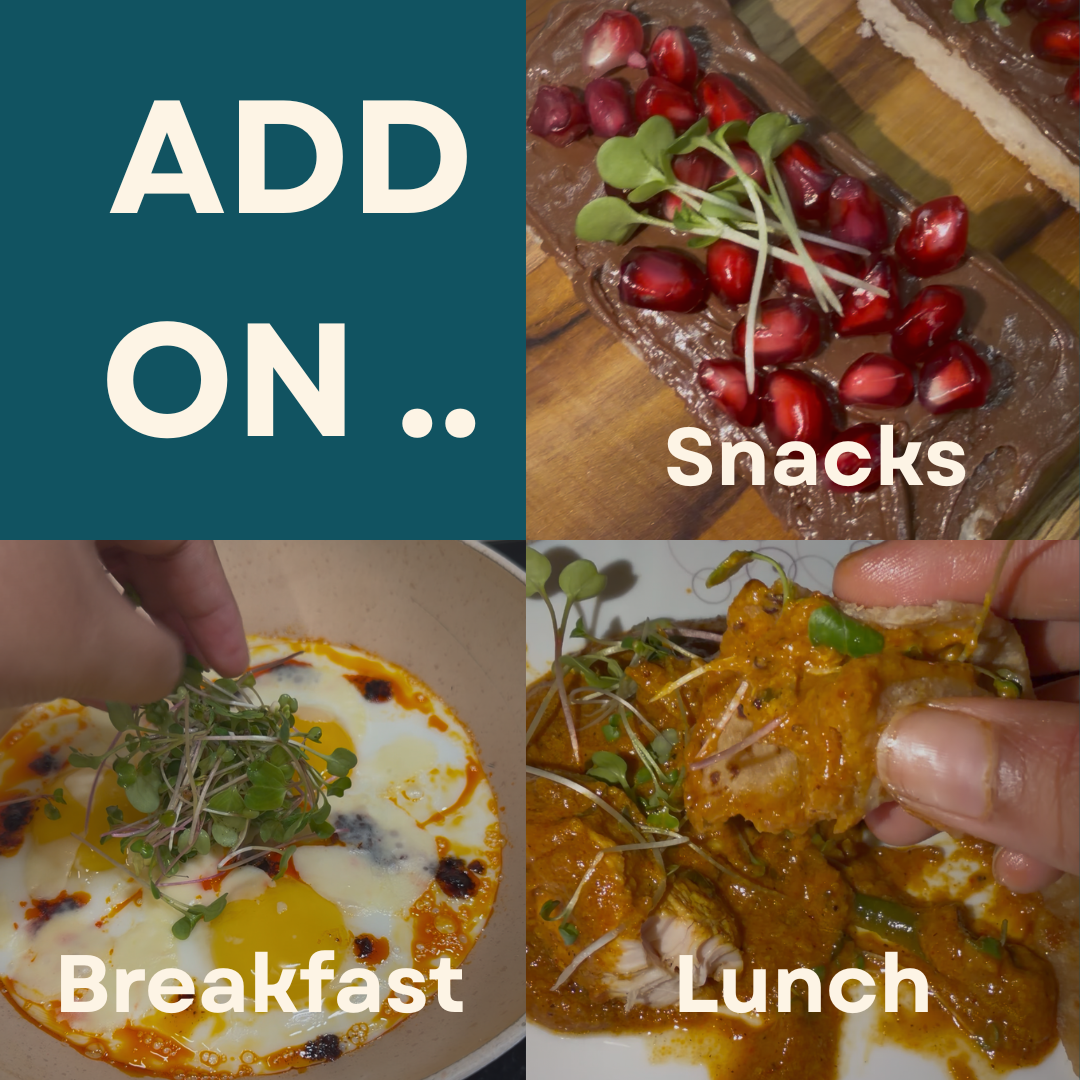 Collage of snacks and meals with text indicating 'Add microgreens on', 'Snacks', 'Breakfast', and 'Lunch'.