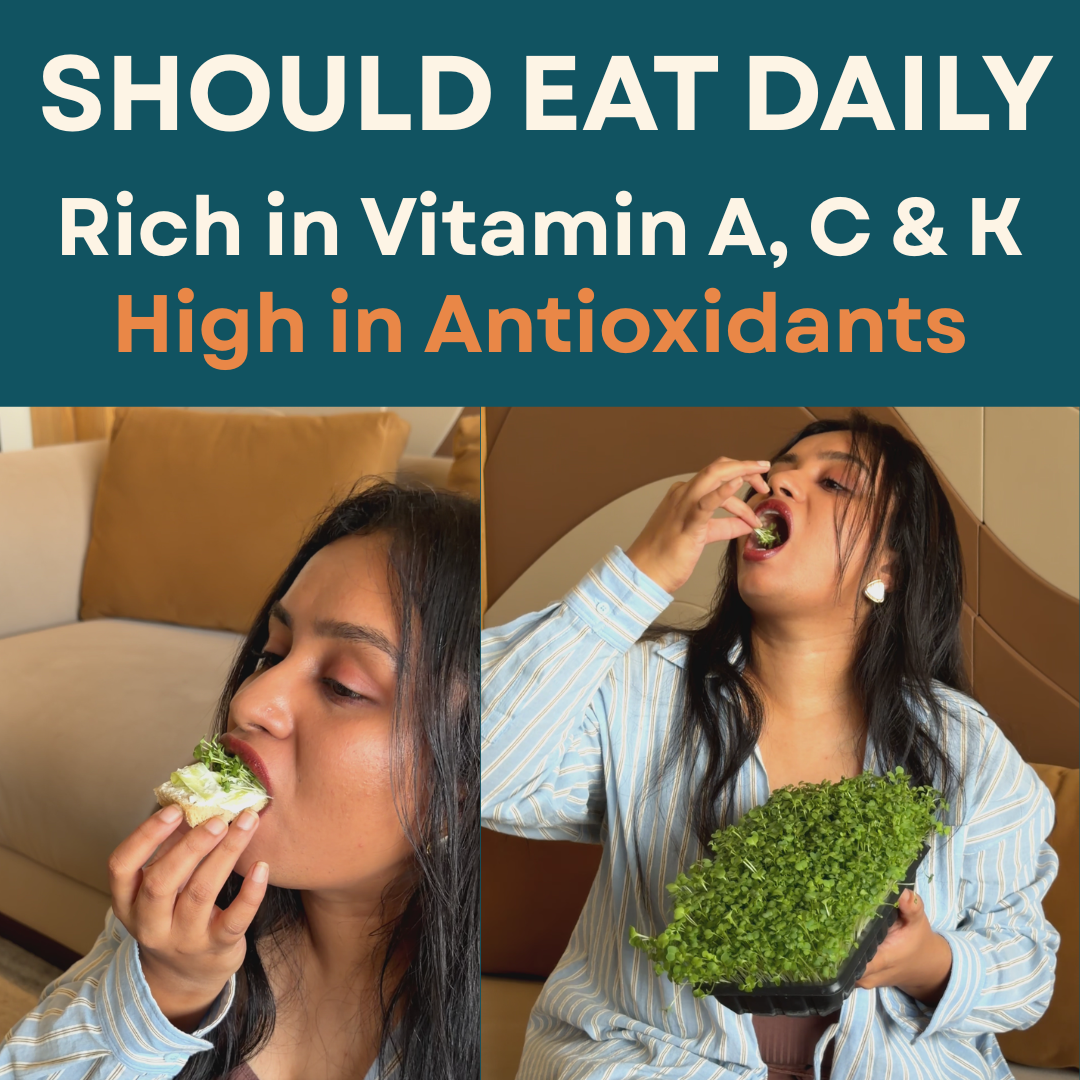 Woman eating a piece of microgreens with text about health benefits on a blue background
